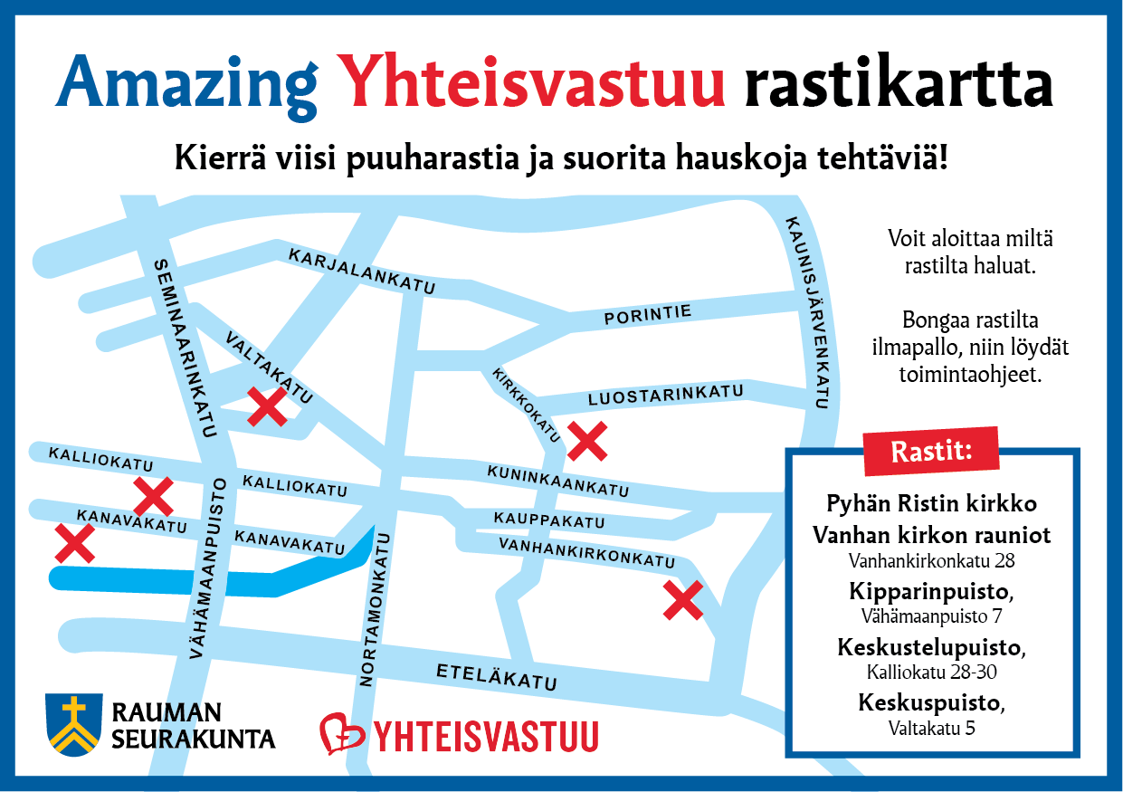 Amazing Yhteisvastuu -tapahtuman kartta Rauman keskustasta.