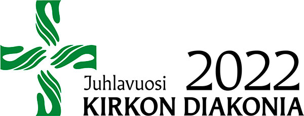 Kirkon diakonian juhlavuoden 2022 logo, jossa vihreät kädet ja sormet muodostavat ristin.