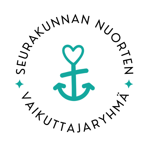 Logo, jossa teksti seurakunnan nuorten vaikuttajaryhmä. Kuvake sydämestä, ankkurista ja rististä.