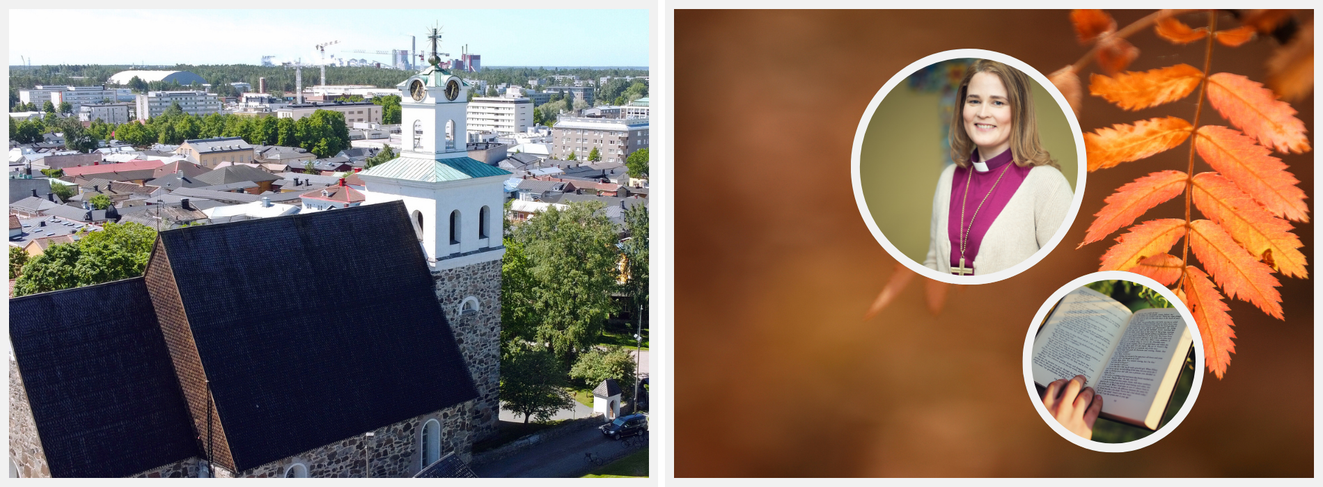Kirkko ja kaupunkimaisemaa sekä piispa Mari Leppänen ja kirja.