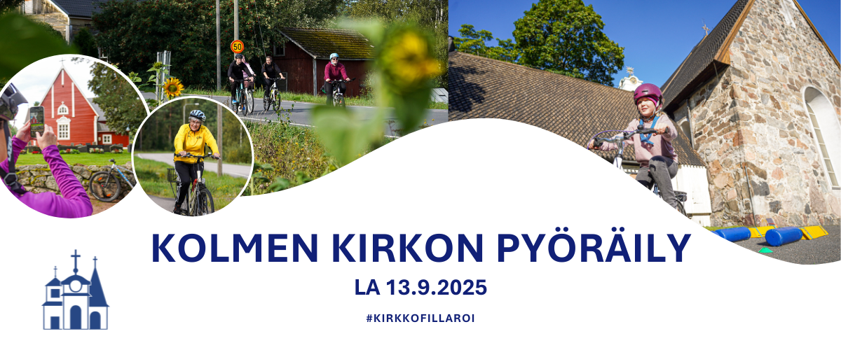 Kuvia pyöräilevistä ihmisistä ja teksti: Kolmen kirkon pyöräily la 13.9.2025