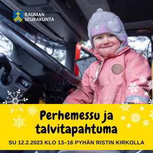 Perhemessu ja talvitapahtuma Pyhän Ristin kirkossa 12.2. klo 13. Lapsi istuu paloauton kyydissä.