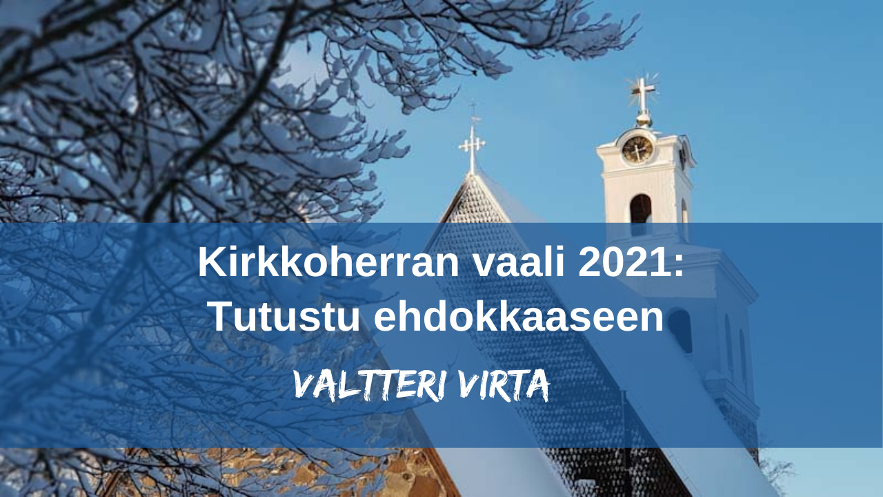 Pyhän Ristin kirkko lumessa ja teksti: tutustu kirkkoherraehdokkaisiin: esittelyssä Valtteri Virta