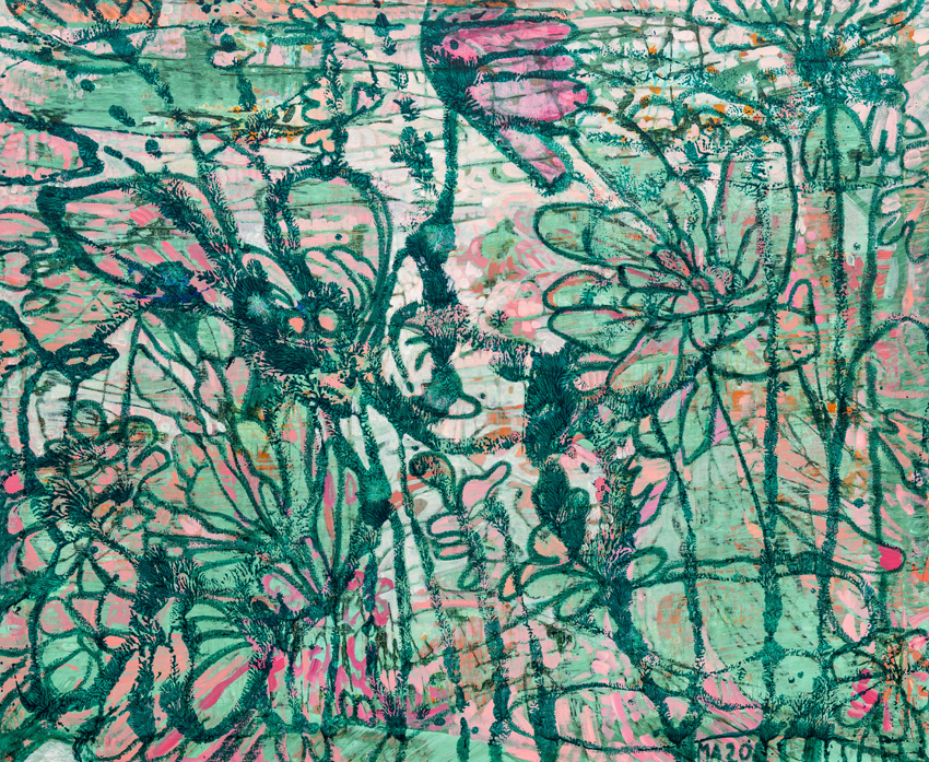 Akryylimaalaus, jossa erottuu kukka-aiheetta, värisävynä mm. vihreää ja pinkkiä