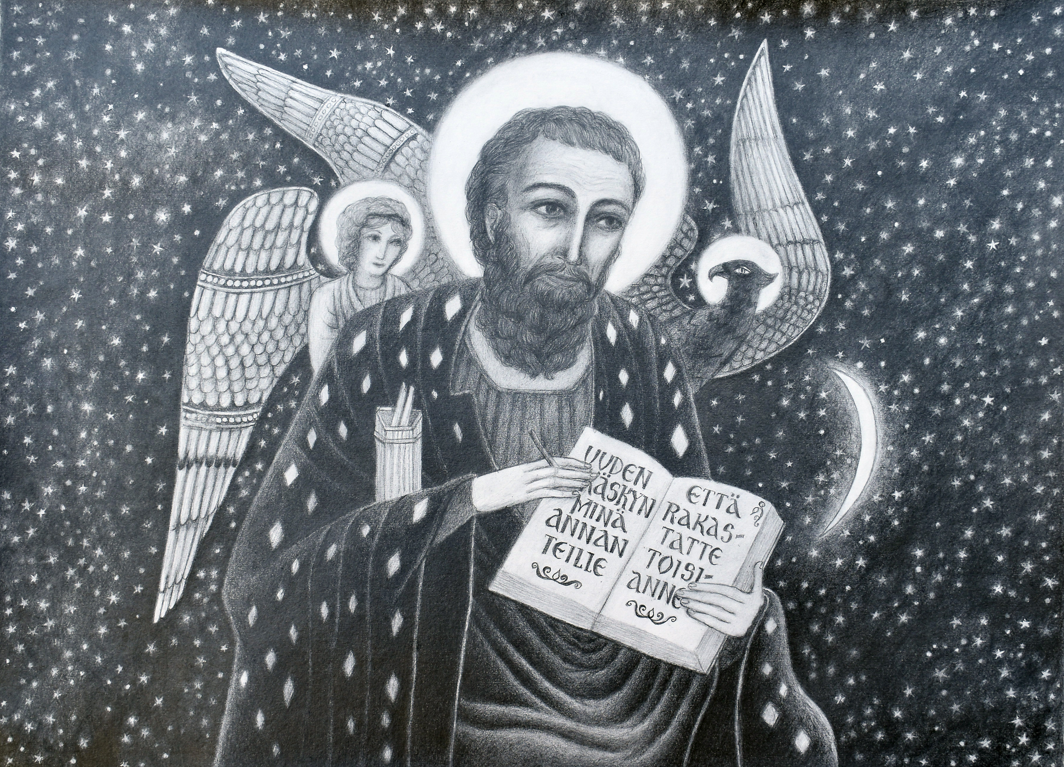 Sinikka Palosen piirros, jossa on Teologi Johannes, hänen takanaan enkeli ja kotka. Taustalla tähtitaivasta.