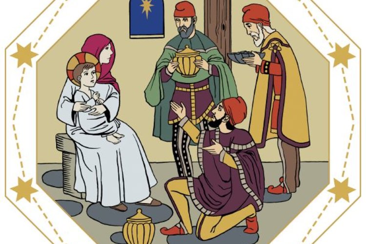Loppiaista kuvaava piirroskuva, jossa on kolme itämaan tietäjää sekä Maria Jeesus-lapsi sylissään