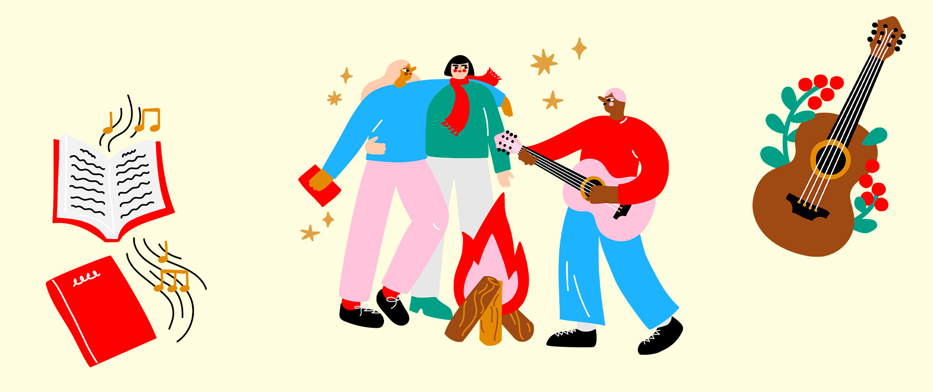 kuvituskuva rippikoululaisista ystävyksistä iltanuotiolla, kitarasta ja punaisesta laulukirjasta