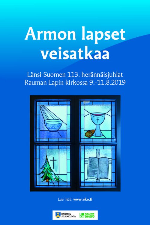 Lapin herännäisjuhlien juliste. Julisteen kuvituksena on neliruutuinen Lapin kirkon lasimaalausikkuna.