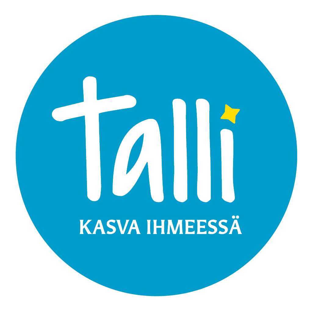 Talli -logo. Valkoinen Talli -teksti vaaleansinisessä pallossa. 