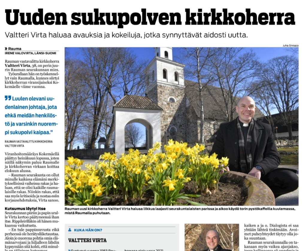 Kuva Länsi-Suomi-lehden jutusta, jonka kuvassa näkyy Valtteri Virta ja taustalla Pyhän Ristin kirkko